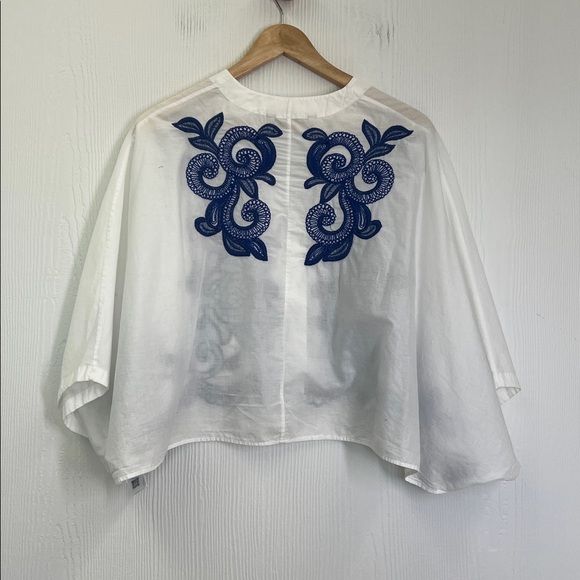 Zara - Blue Embroidered Floral White Button Down Batwing Blouse Size XS - Picture 11 of 12